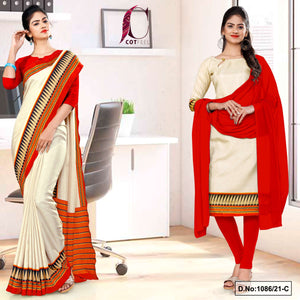 Beige Red Women's Premium Manipuri Cotton Uniform Sarees Salwar Combo For School Teachers