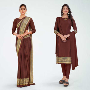 Brown and Beige Women's Premium Italian Silk Plain Gaala Border Teachers Uniform Saree Salwar Combo