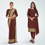 Bottle Green and Beige Women's Premium Italian Silk Plain Gaala Border Staff Uniform Saree Salwar Combo