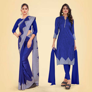 Navy Blue Women's Premium Mulberry Silk Plain Gaala Border Housekeeping Uniform Saree Salwar Combo