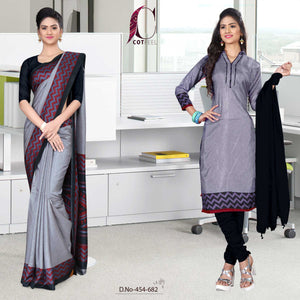 Gray and Black Women's Premium Manipuri Cotton Plain Gala Border Showroom Staff Uniform Sarees Salwar Combo