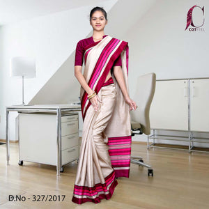 Beige With Magenta Border Tripura Cotton Uniform Saree