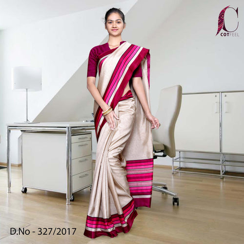 Beige With Magenta Border Tripura Cotton Uniform Saree