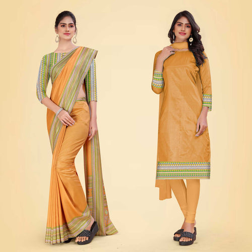 Pistachio Women's Premium Mulberry Silk Plain Gaala Border Teachers Uniform Saree Salwar Combo