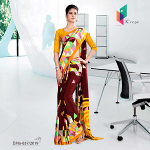 Red And Yellow Icrepe  Corporate Uniform Saree