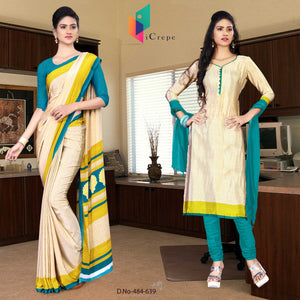 Beige and Bottle Green Women's Premium Italian Silk Discipline Day Hotel Uniform Sarees Salwar Combo