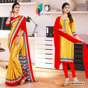 Yellow Red Women's Premium Silk Chiffon Discipline Day Uniform Sarees Salwar Combo For Receptionist Uniform