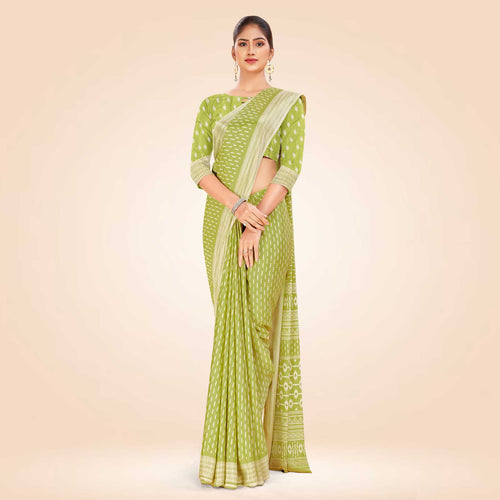 Green Women's Premium Silk Chiffon Small Butty School Teacher Uniform Saree