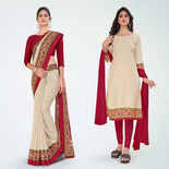 Beige and Black Women's Premium Manipuri Cotton Plain Gaala Border Catering Uniform Saree Salwar Combo