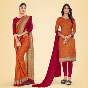 Orange and Pink Women's Premium Mulberry Silk Small Butty Hospital Uniform Saree Salwar Combo