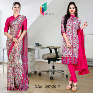Beige and Pink Women's Premium Italian Silk Floral Print Receptionist Uniform Sarees Salwar Combo