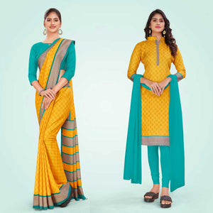 Yellow and Turquoise Women's Premium Manipuri Cotton Small Butty Teachers Uniform Saree Salwar Combo