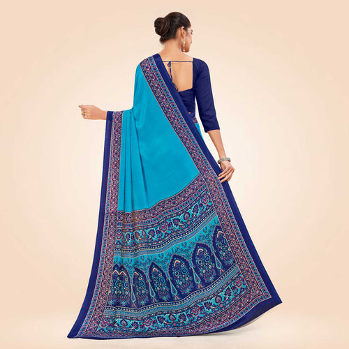 Blue and Navy Blue Women's Premium Italian Silk Plain Gaala Border Anganwadi Uniform Saree