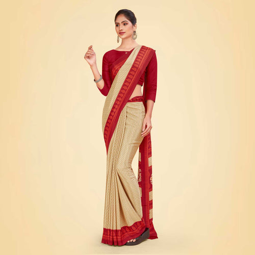 Beige and Lavender Pink Women's Premium Italian Silk Small Butty Receptionist Uniform Saree