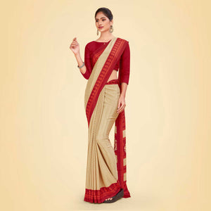 Beige and Maroon Women's Premium Italian Silk Small Butty Jewellery Showroom Uniform Saree