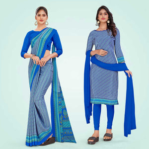 Blue Women's Premium Italian Silk Small Butty School Teacher Uniform Saree Salwar Combo