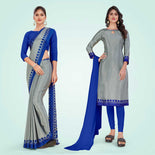 Grey and Navy Blue Women's Premium Silk Chiffon Plain Gaala Border Jewellery Showroom Uniform Saree Salwar Combo