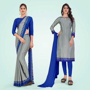 Grey and Navy Blue Women's Premium Silk Chiffon Plain Gaala Border Jewellery Showroom Uniform Saree Salwar Combo