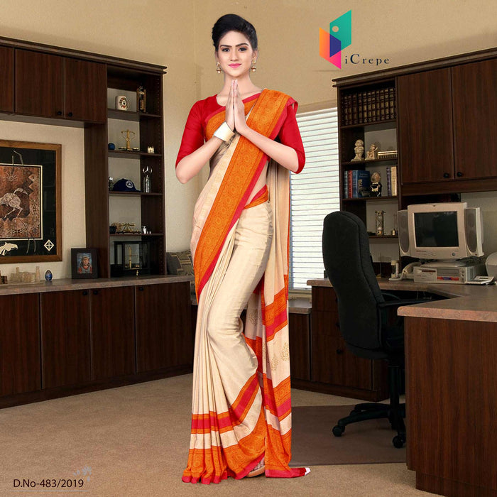 Off White And Red Italian Crepe Silk Institution Uniform Saree