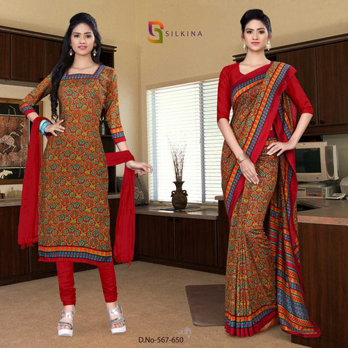 Maroon Multi Color Women's Premium Silk Georgette Paisley Print Teachers Uniform Sarees Salwar Combo