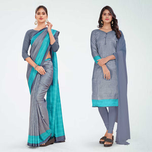 Grey and Turquoise Women's Premium Mulberry Silk Small Butty Hospital Uniform Saree Salwar Combo