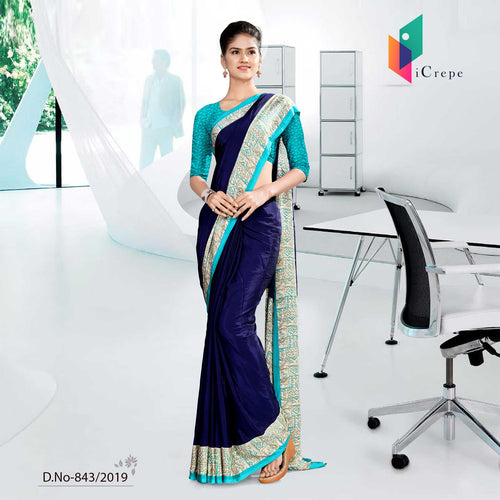 Nevy Blue And Blue Icrepe  Corporate Uniform Saree