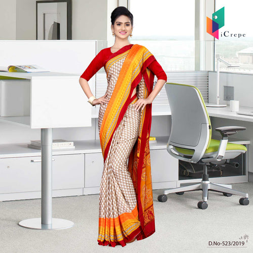 Off White And Red Italian Crepe Silk Worker Uniform Saree