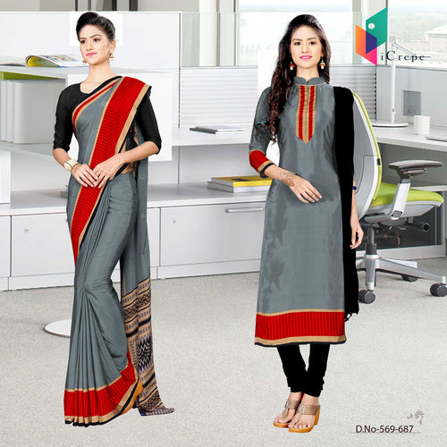 Grey and Red Women's Premium Italian Silk Plain Gala Border Jewellery Showroom Uniform Sarees Salwar Combo