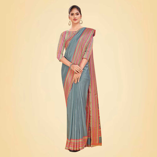 Brownish Grey Women's Premium Mulberry Silk Plain Gaala Border PTM Uniform Saree