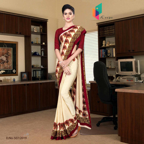 Off White And Red Italian Crepe Silk Showroom Uniform Saree