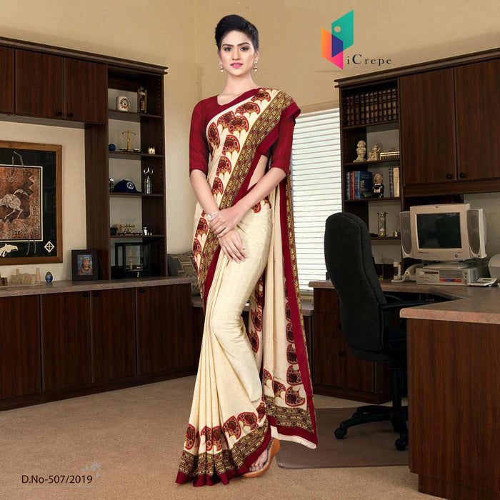 Off White And Red Italian Crepe Silk Showroom Uniform Saree