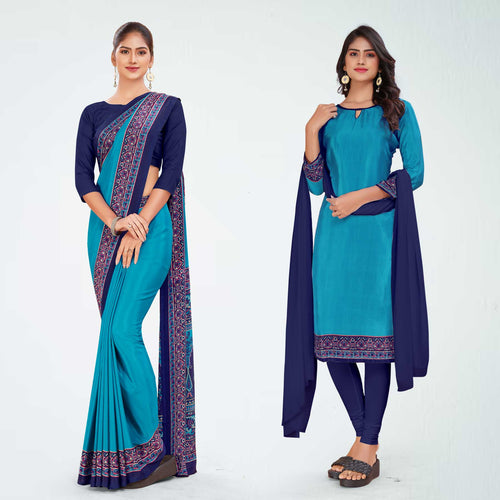 Blue and Navy Blue Women's Premium Italian Silk Plain Gaala Border Anganwadi Uniform Saree Salwar Combo