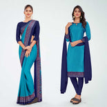 Turquoise and Navy Blue Women's Premium Italian Silk Plain Gaala Border Women's Uniform Saree Salwar Combo