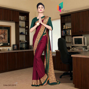 Red And Green Italian Crepe Silk Anganwadi Uniform Saree