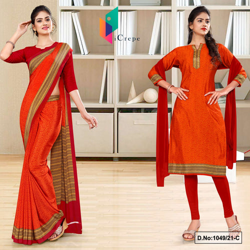 Orange Red Women's Premium Italian Silk Paisley Print Uniform Sarees Salwar Combo For Jewellery Showroom