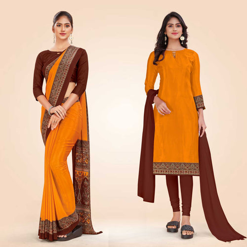 Mustard and Brown Women's Premium Italian Silk Plain Gaala Border Annual Function Uniform Saree Salwar Combo