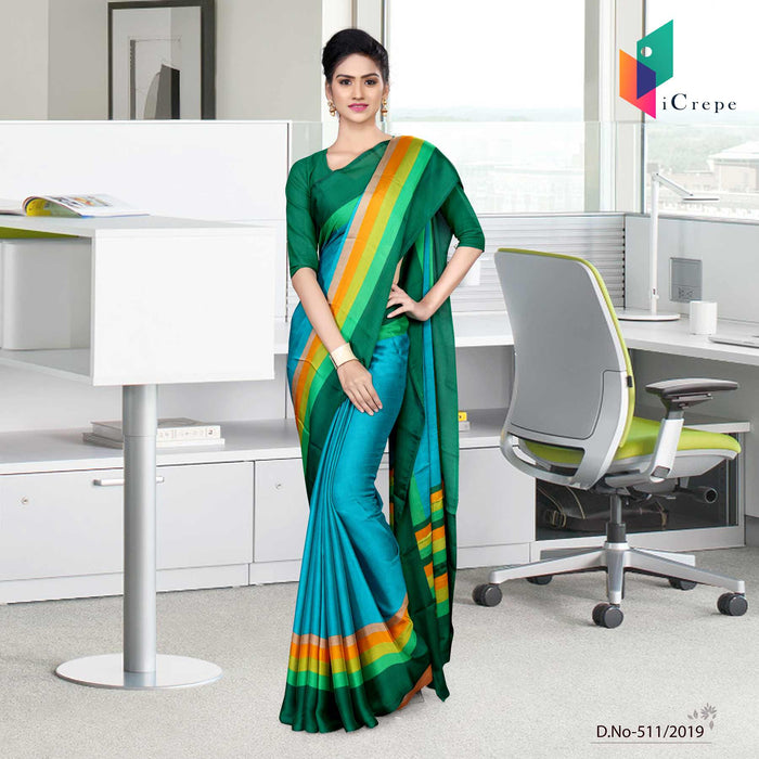 Dark Blue And Green Italian Crepe Silk Office Uniform Saree