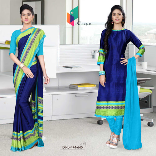 Navy Blue and Turquoise Women's Premium Italian Silk Eyecatchers Hotel Uniform Sarees Salwar Combo