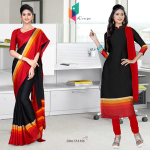 Black and Red Women's Premium Silk Chiffon Plain Gala Border Staff Uniform Sarees Salwar Combo