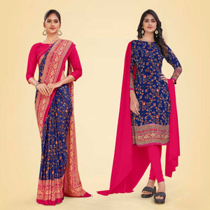 Navy Blue and Rani Pink Women's Premium Italian Silk Floral Print Office Uniform Saree Salwar Combo