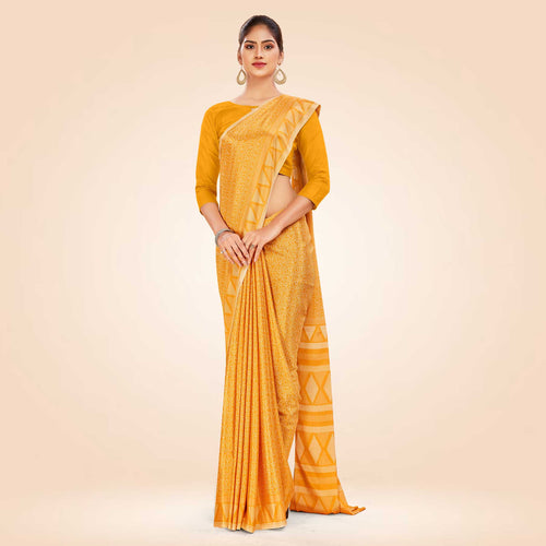 Yellow Women's Premium Silk Chiffon Ikat Print School Uniform Saree