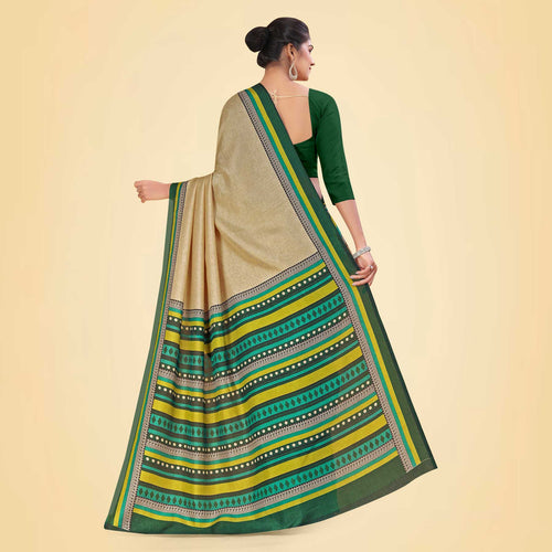 Beige and Bottle Green Women's Premium Manipuri Cotton Plain Gaala Border Front Office Uniform Saree