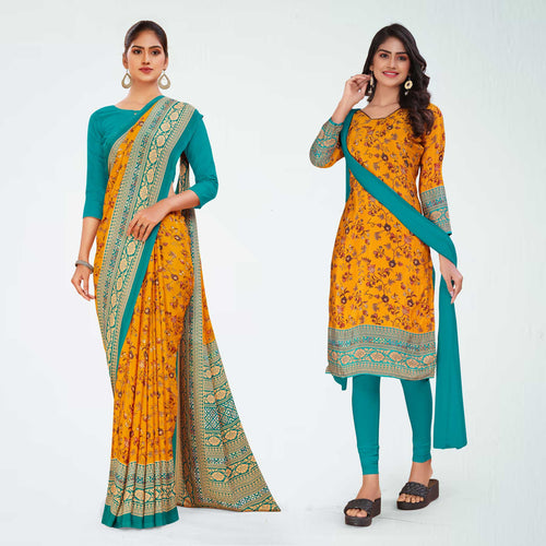 Turquoise and Navy Blue Women's Premium Italian Silk Floral Print College Uniform Saree Salwar Combo