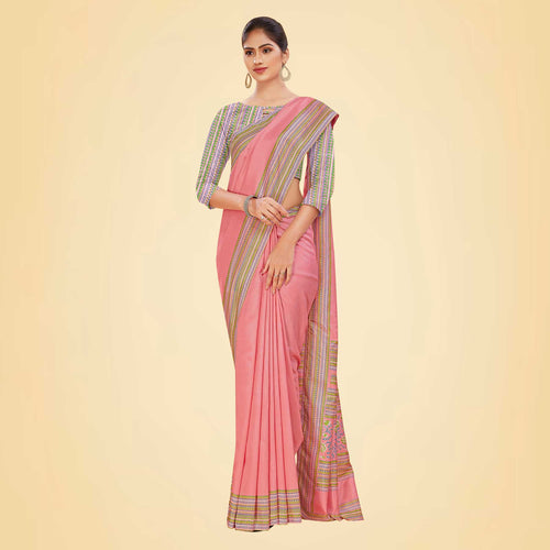 Rose Pink Women's Premium Mulberry Silk Plain Gaala Border Airline Uniform Saree