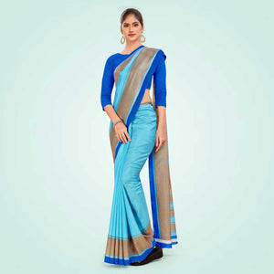 Sky Blue and Royal Blue Women's Premium Manipuri Cotton Plain Gaala Border School Teacher Uniform Saree