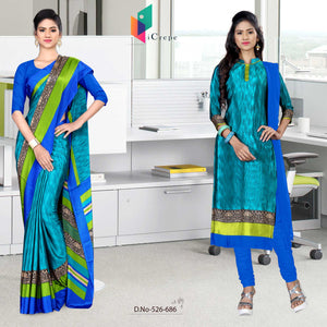 Turquoise and Ink Blue Women's Premium Silk Chiffon Plain Gala Border Office Uniform Sarees Salwar Combo