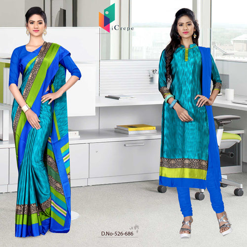 Turquoise and Ink Blue Women's Premium Silk Chiffon Plain Gala Border Office Uniform Sarees Salwar Combo