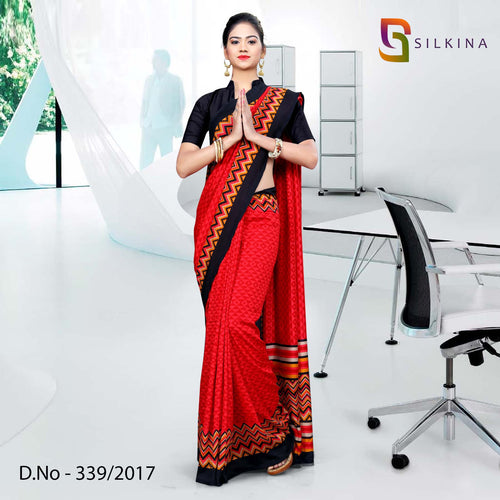 Red With Black Border Silk Georgette Uniform Saree