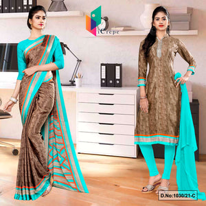 Brown Sea Green Women's Premium Silk Chiffon Discipline Day Uniform Sarees Salwar Combo For Receptionist Uniform