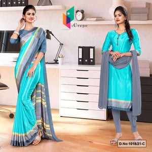 Sky Blue Gray Women's Premium Silk Chiffon Small Butty Uniform Sarees Salwar Combo For Annual Function Uniform